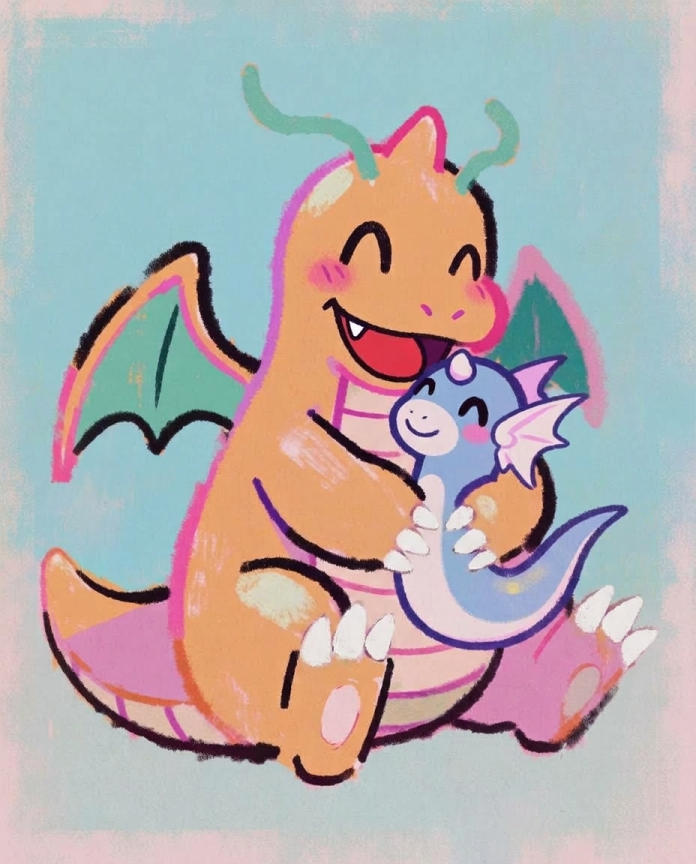 Dragonite & Dratini Big Hug Pokémon art print — limited edition of 5