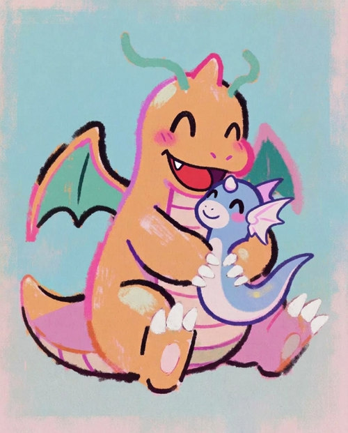 Dragonite & Dratini Big Hug Pokémon art print — limited edition of 5