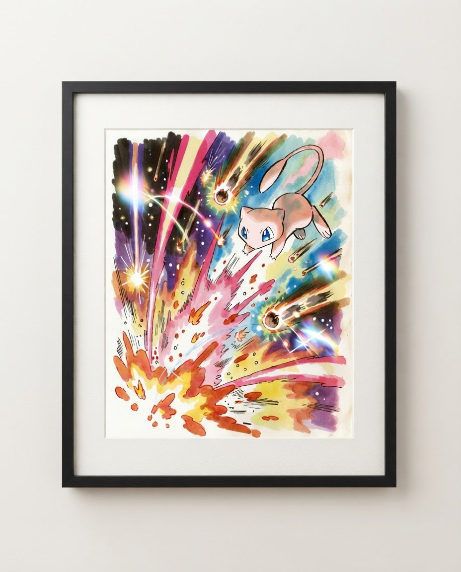 Mew crescent moon watercolour art print framed on a wall — Pokémon fan art by Dammit.png