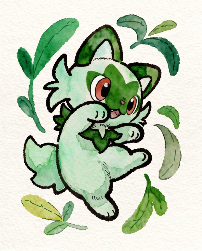 Watercolour illustration of Sprigatito leaping through swirling green leaves by Dammit.png