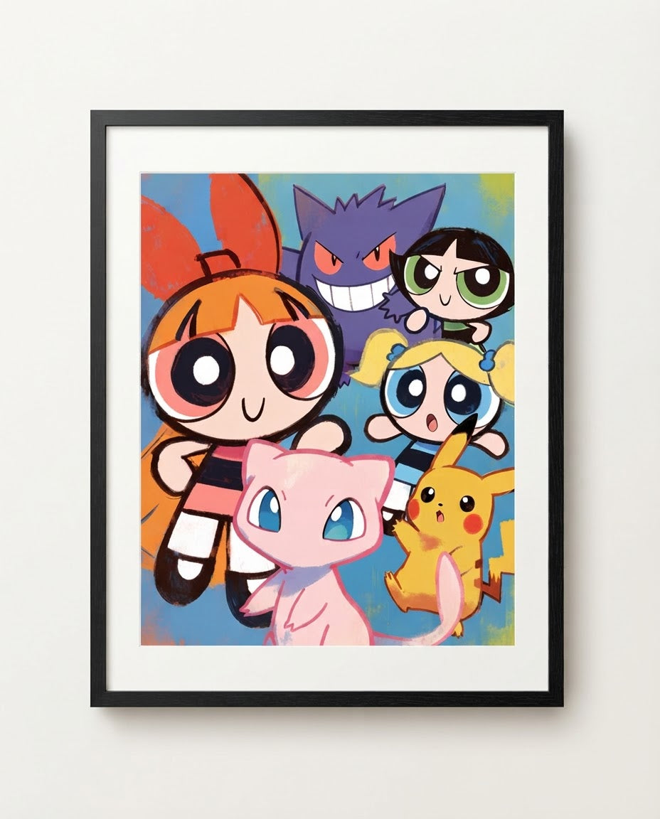Powerpuff Girls with Mew, Pikachu and Gengar framed art print