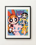 Powerpuff Girls with Mew, Pikachu and Gengar framed art print