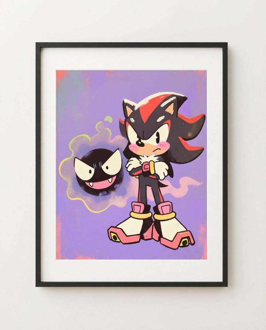 Shadow & Gastly kawaii art print framed on a wall — Sonic Pokémon crossover by Dammit.png