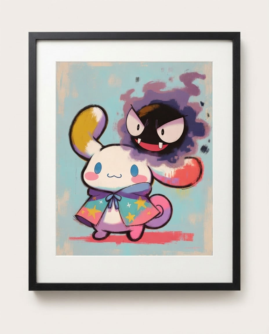 Cinnamoroll & Gastly — Ghost Buddy Halloween crossover art print framed in a black frame with white mat