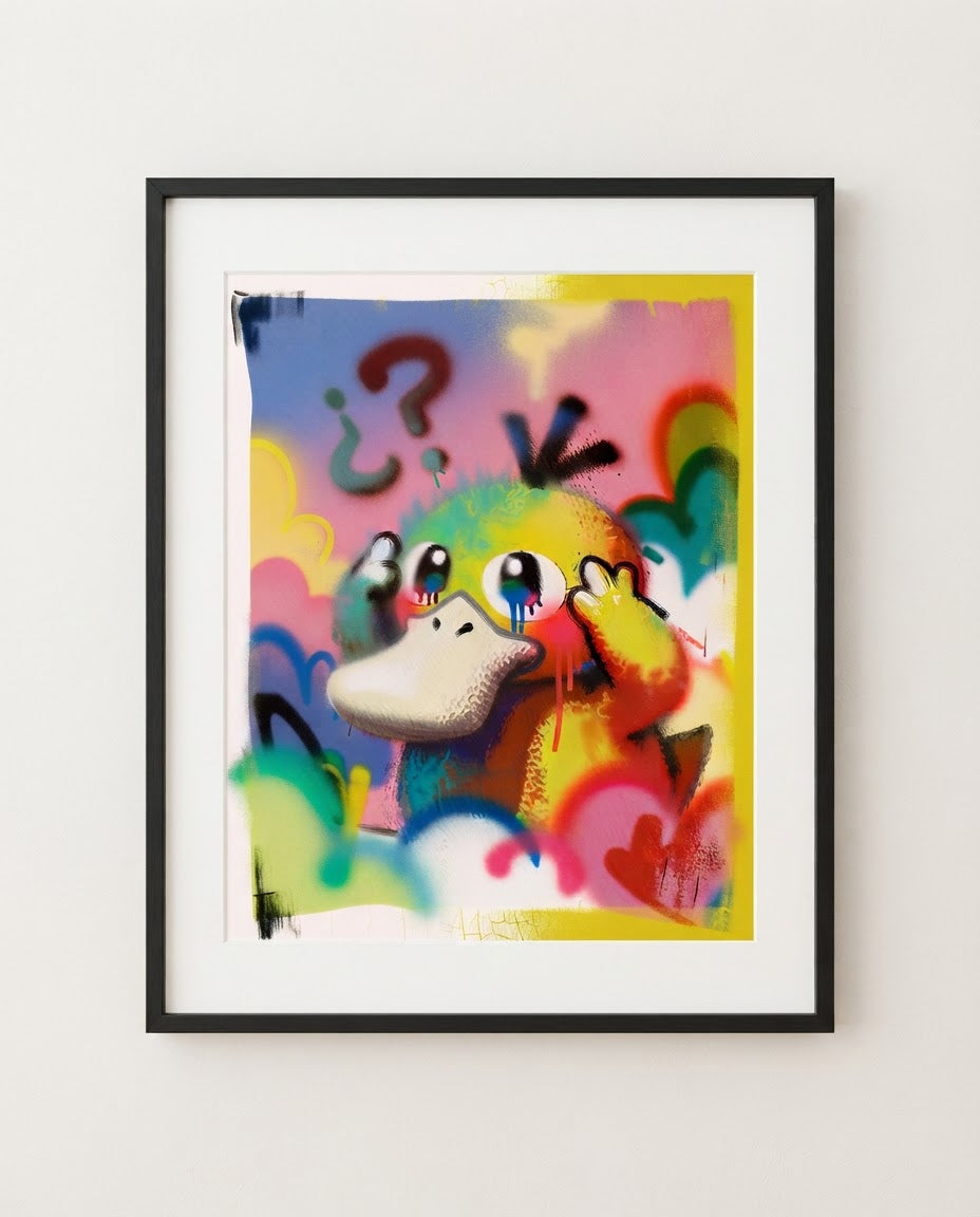Psyduck — Overthinking spray paint art print framed on a wall