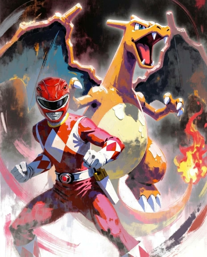Red Ranger and Charizard artwork