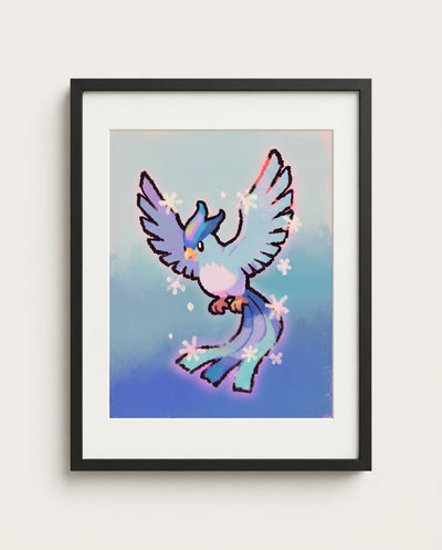 Articuno — Snowfall kawaii art print framed on a wall