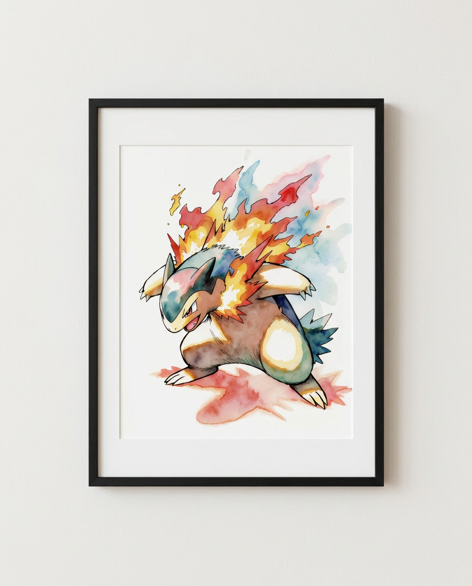Typhlosion Eruption watercolour Pokémon art print in a black frame with white mat