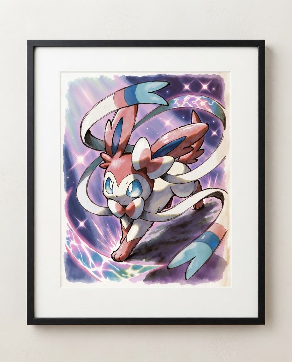 Sylveon watercolour art print framed on a wall — Pokémon fan art by Dammit.png
