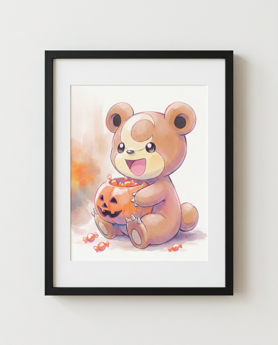 Teddiursa Pumpkin Hug Halloween watercolour Pokémon art print in a black frame with white mat