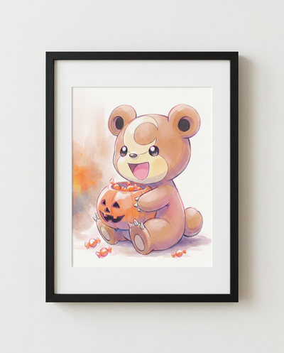 Teddiursa Pumpkin Hug Halloween watercolour Pokémon art print in a black frame with white mat