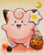 Watercolour illustration of Clefairy with a star wand and jack-o-lantern candy basket under the moon by Dammit.png