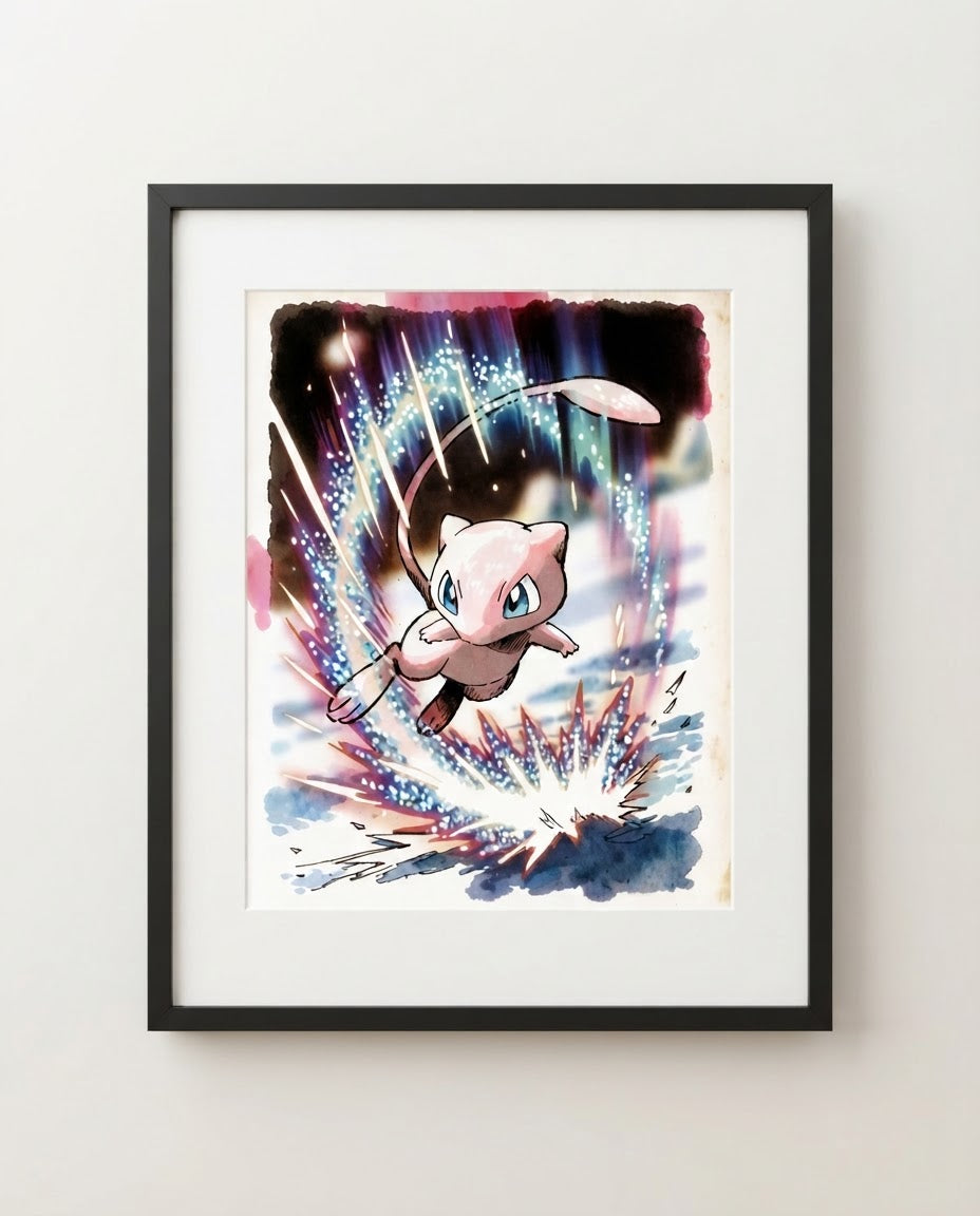 Mew meteor shower watercolour art print framed on a wall — Pokémon fan art by Dammit.png
