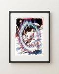 Mew meteor shower watercolour art print framed on a wall — Pokémon fan art by Dammit.png