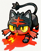 Watercolour illustration of Litten crouching and breathing a small flame on red by Dammit.png