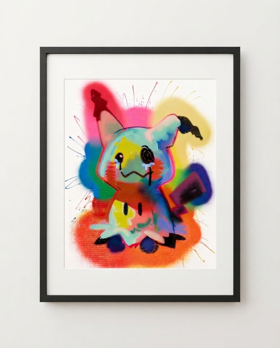 Mimikyu — Still Cute spray paint art print framed on a wall