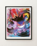 Gengar abstract brushstroke art print framed on a wall — Pokémon fan art by Dammit.png