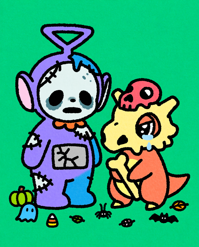 Zombie Teletubbies Tinky Winky with crying Cubone, spooky-cute Pokémon fan art illustration