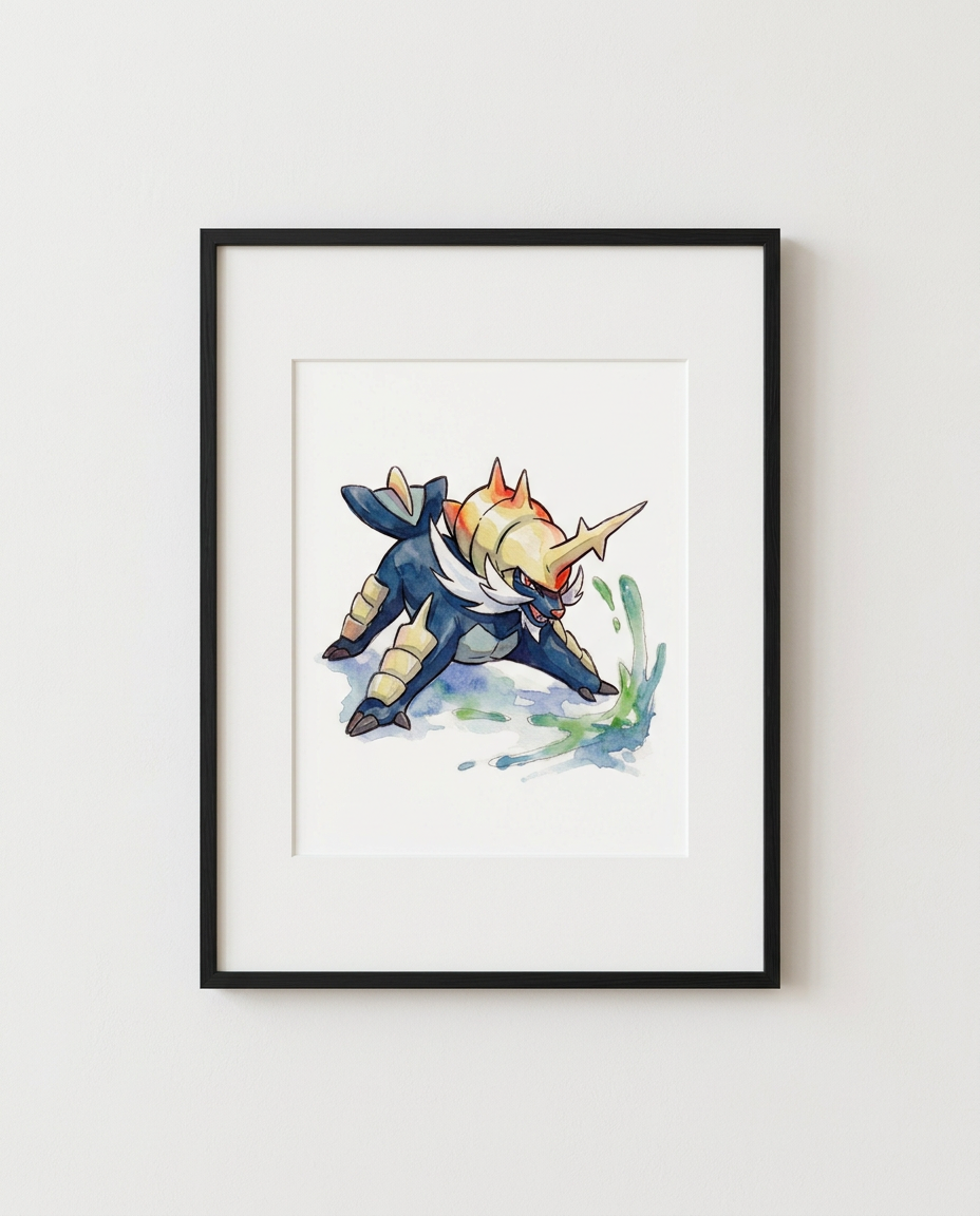 Samurott Aqua Cutter watercolour Pokémon art print in a black frame with white mat