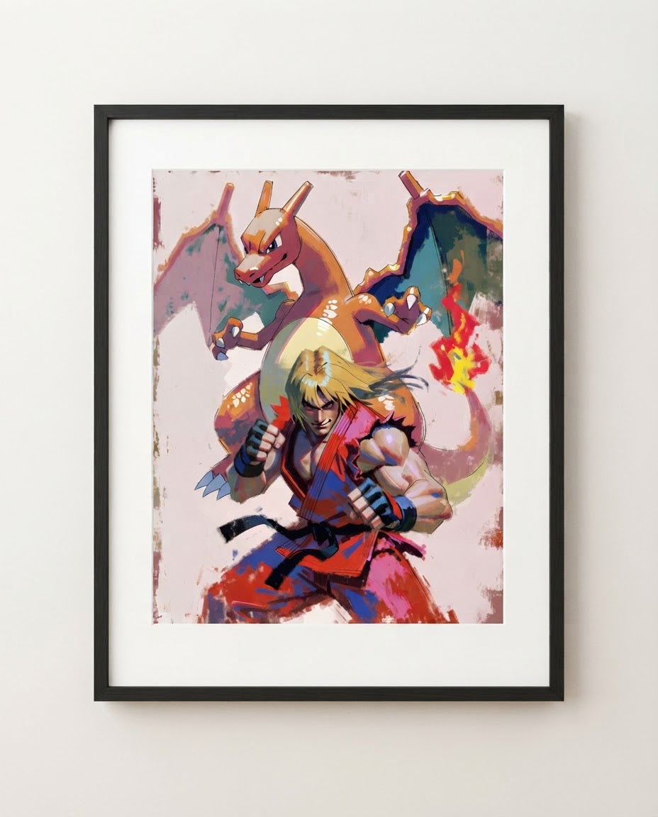 Ken & Charizard art print framed on a wall — Street Fighter Pokémon crossover by Dammit.png
