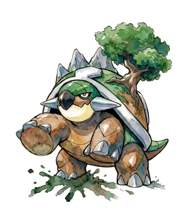 Watercolour illustration of Torterra with a tree and rocky peaks on its shell by Dammit.png