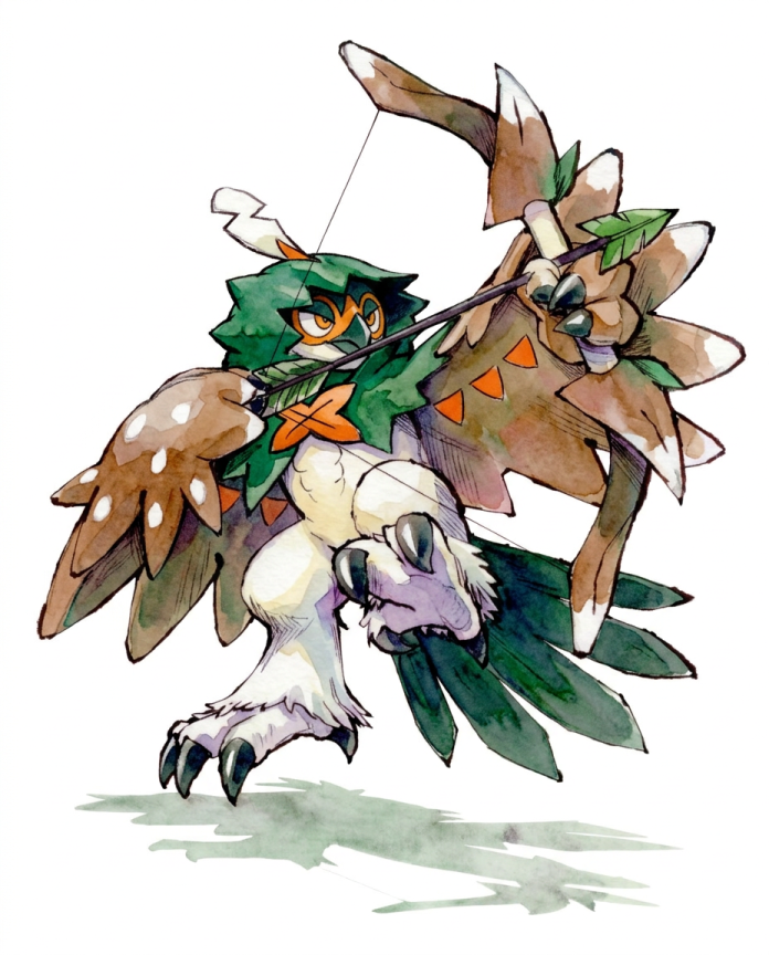 Watercolour illustration of Decidueye leaping with its bow drawn by Dammit.png