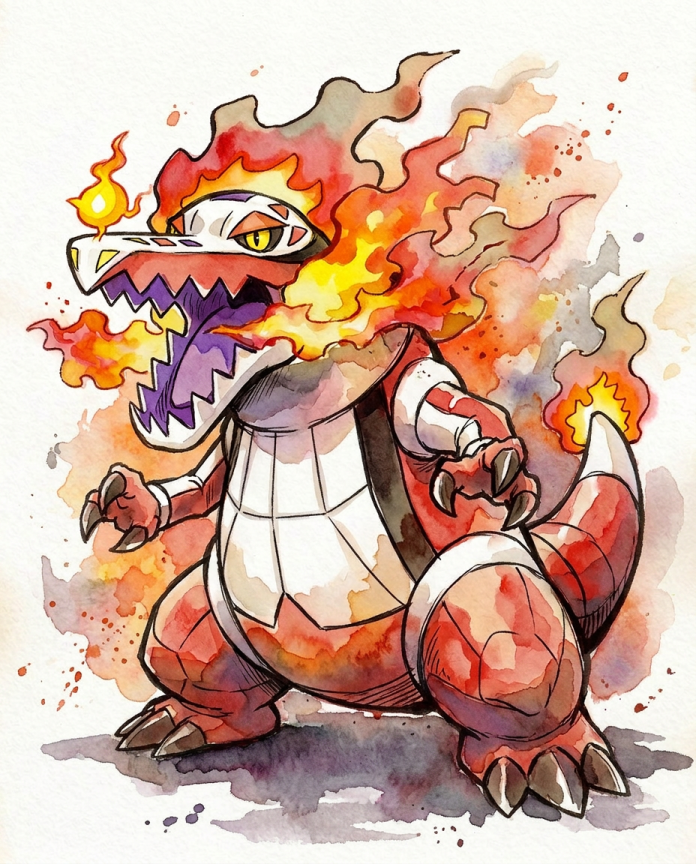 Watercolour illustration of Skeledirge breathing flames by Dammit.png