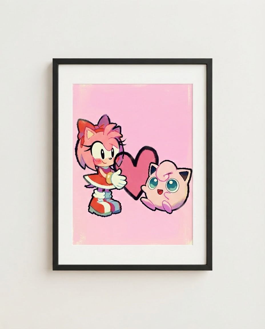 Amy Rose & Jigglypuff kawaii art print framed on a wall — Sonic Pokémon crossover by Dammit.png