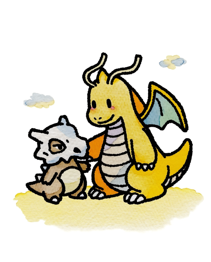Cubone & Dragonite — Big Brother watercolour illustration, Dragonite with a wing around Cubone