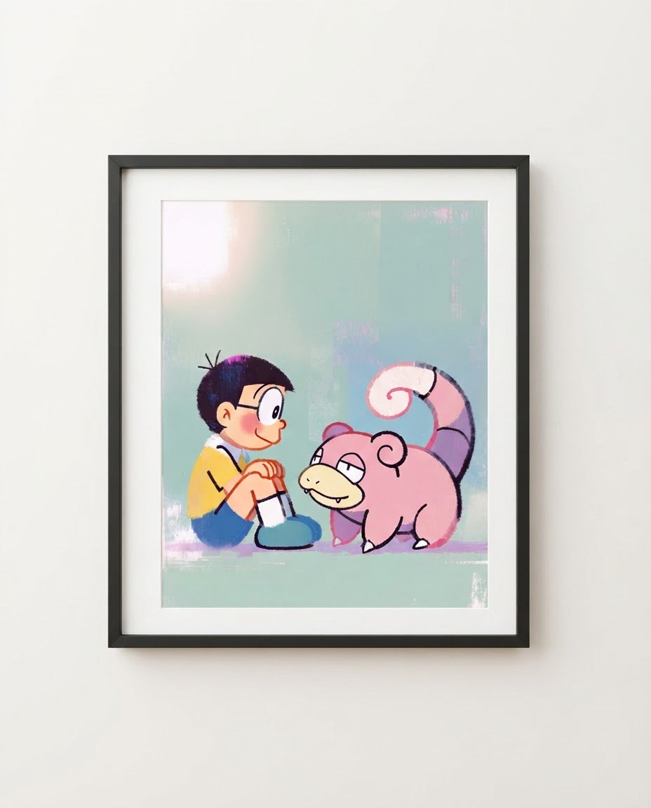 Nobita & Slowpoke art print framed on a wall — Doraemon Pokémon crossover by Dammit.png