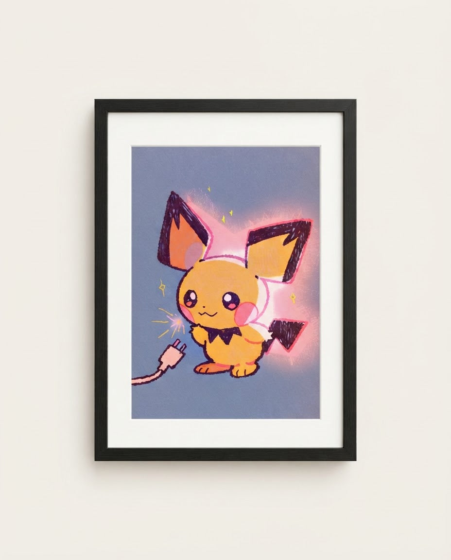 Pichu kawaii art print framed on a wall — Pokémon fan art by Dammit.png
