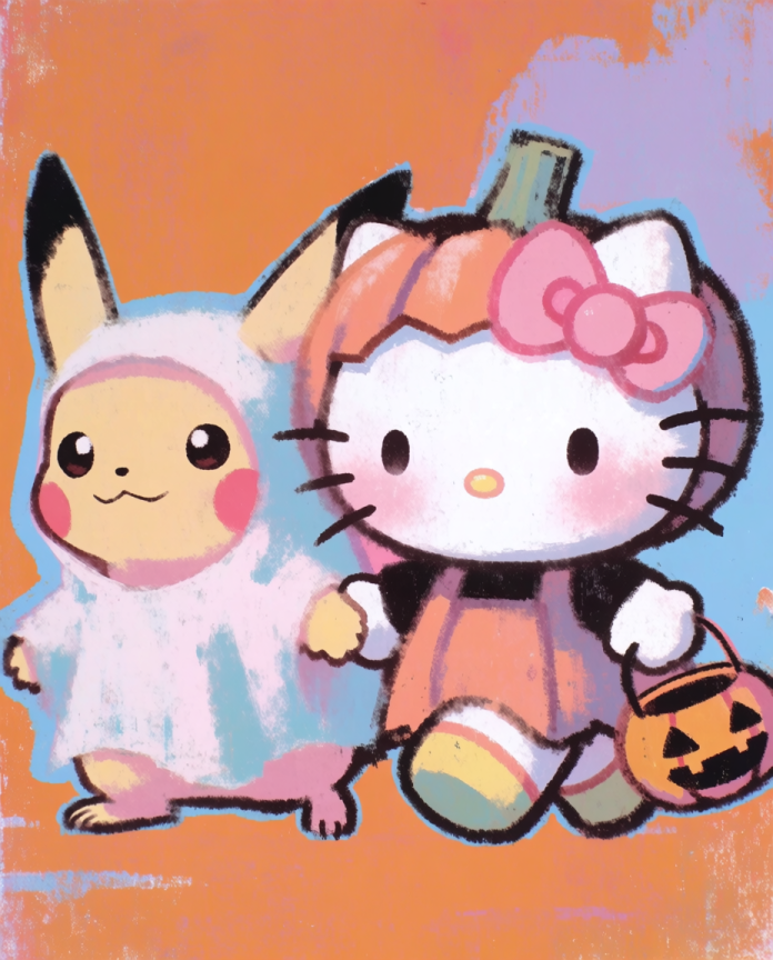 Hello Kitty & Pikachu — Pumpkin Patch illustration, Pikachu as a ghost and Hello Kitty as a pumpkin