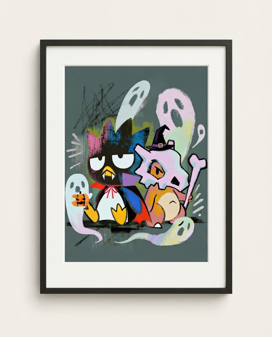 Badtz-Maru & Cubone — Spooky Squad Halloween crossover art print framed in a black frame with white mat