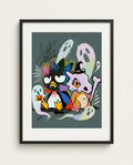 Badtz-Maru & Cubone — Spooky Squad Halloween crossover art print framed in a black frame with white mat