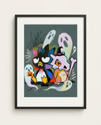 Badtz-Maru & Cubone — Spooky Squad Halloween crossover art print framed in a black frame with white mat
