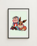 Linus & Eevee — Security Blanket crossover art print framed in a black frame with white mat