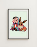 Linus & Eevee — Security Blanket crossover art print framed in a black frame with white mat