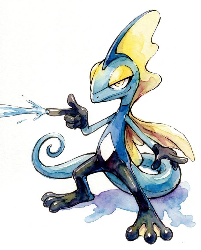 Watercolour illustration of Inteleon firing water from its fingertip by Dammit.png