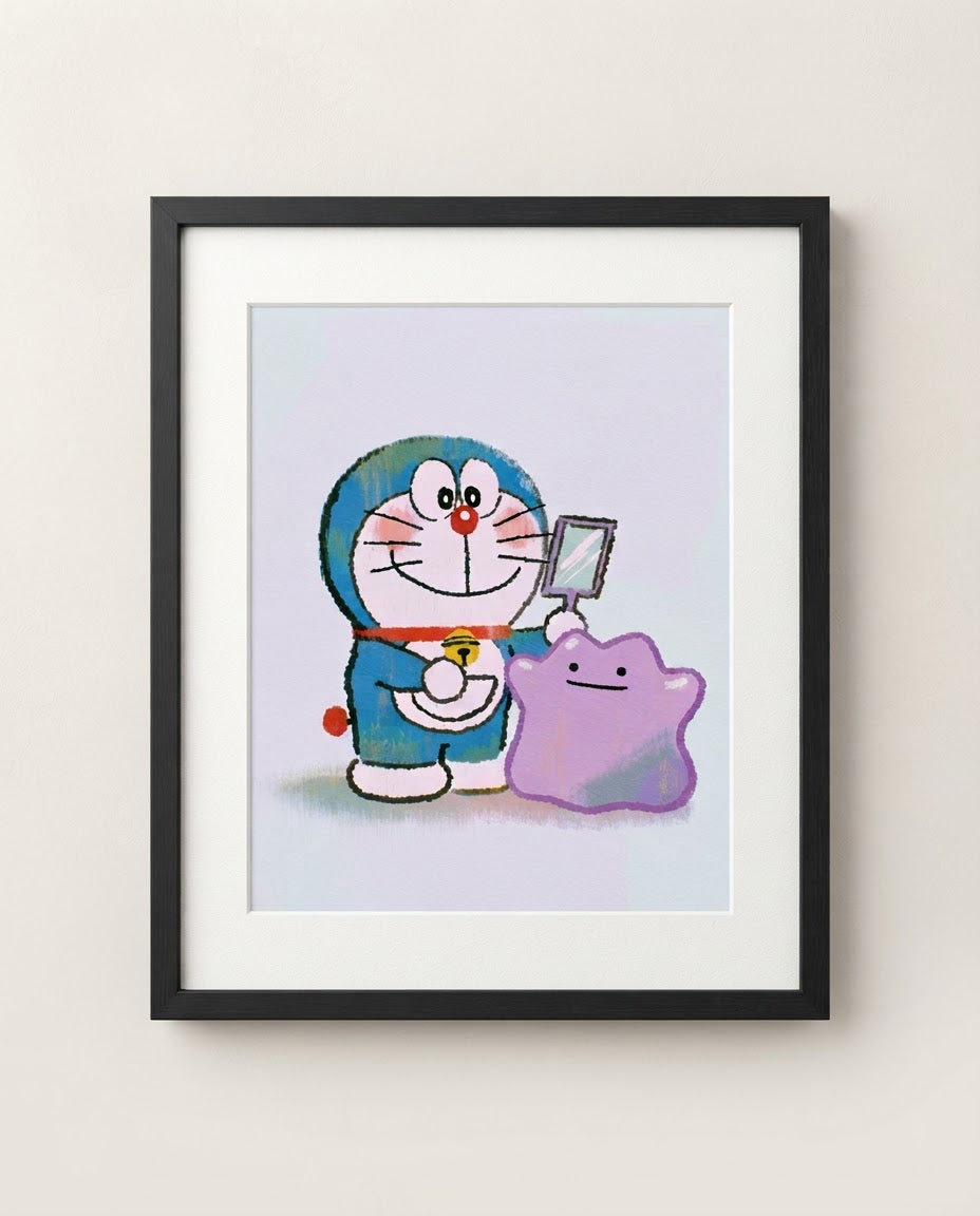 Doraemon & Ditto art print framed on a wall — Doraemon Pokémon crossover by Dammit.png