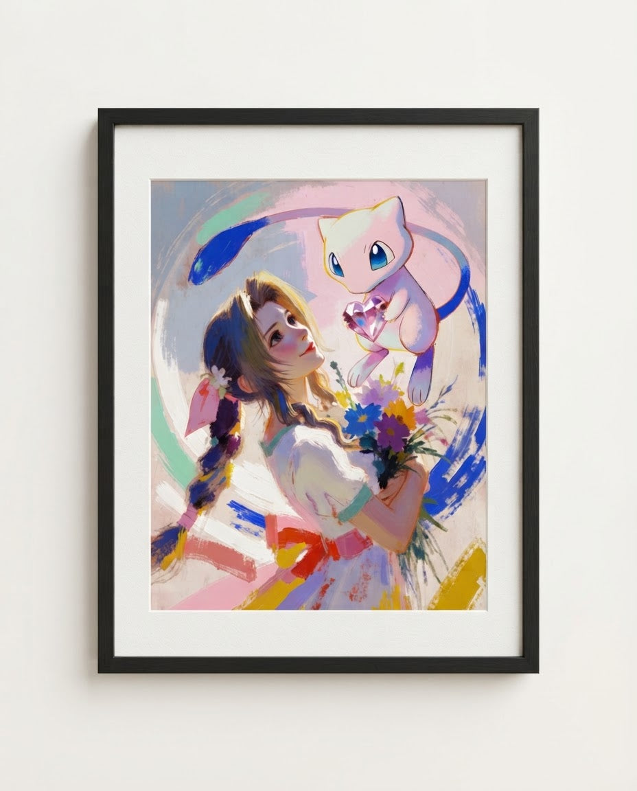 Aerith and Mew framed art print