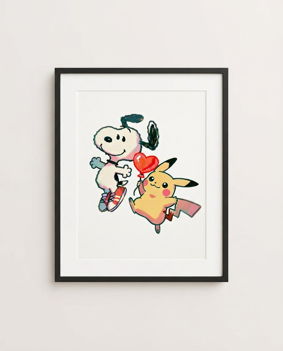 Snoopy & Pikachu — Heart Balloon crossover art print framed in a black frame with white mat