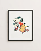Snoopy & Pikachu — Heart Balloon crossover art print framed in a black frame with white mat