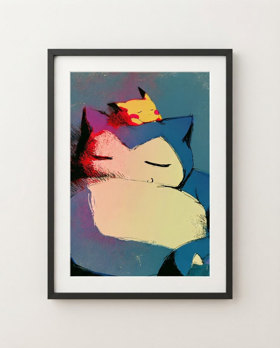 Snorlax & Pikachu — Deep Sleep halftone art print framed in a black frame with white mat