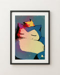 Snorlax & Pikachu — Deep Sleep halftone art print framed in a black frame with white mat