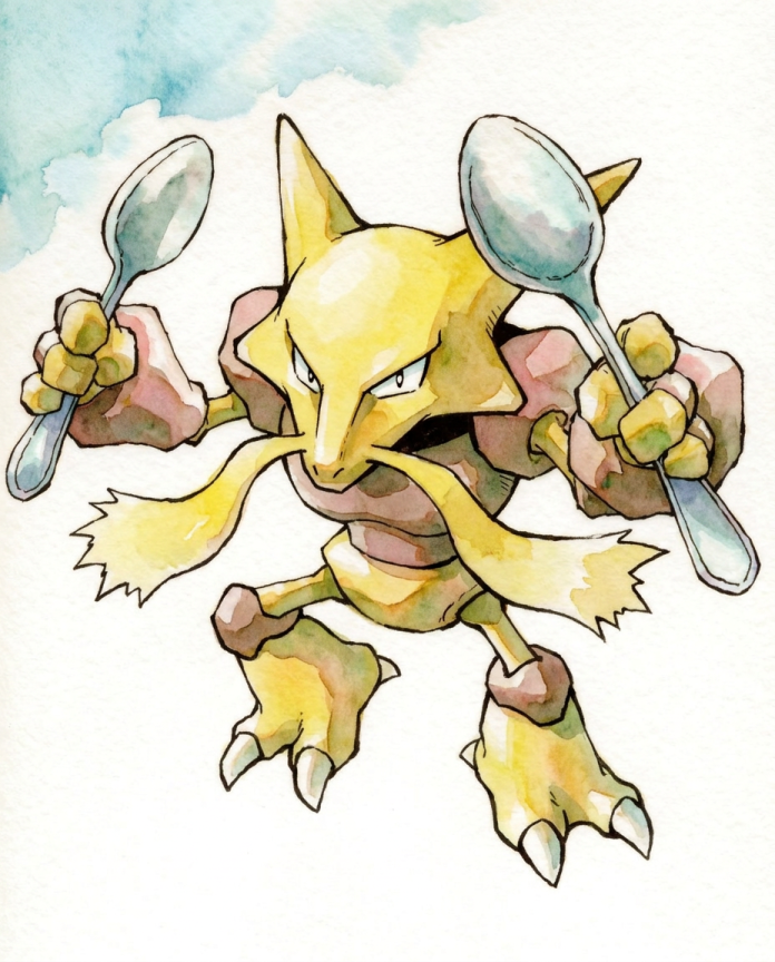 Vintage-style watercolour of Alakazam holding two spoons against a blue sky by Dammit.png