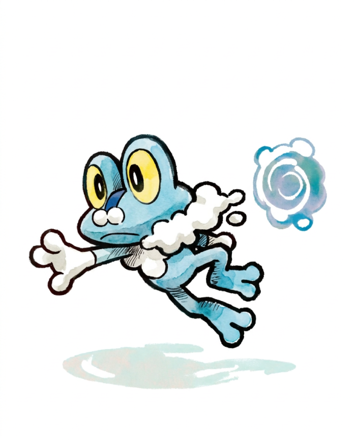 Watercolour illustration of Froakie leaping with foamy bubbles and a water orb by Dammit.png