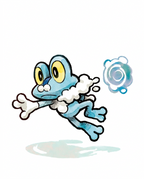 Watercolour illustration of Froakie leaping with foamy bubbles and a water orb by Dammit.png