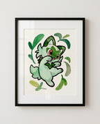 Sprigatito Flower Trick watercolour Pokémon starter art print in a black frame with white mat