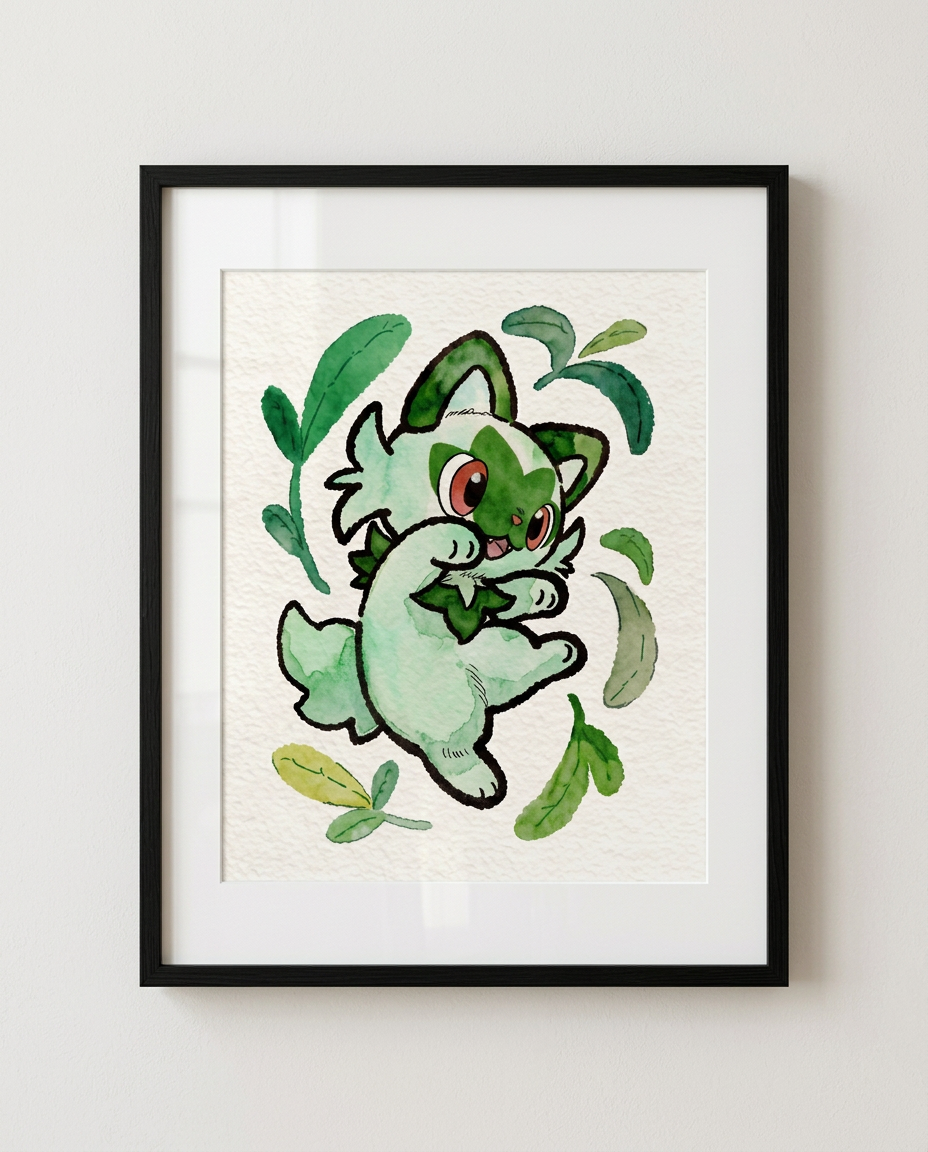 Sprigatito Flower Trick watercolour Pokémon starter art print in a black frame with white mat