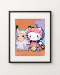 Hello Kitty & Pikachu — Pumpkin Patch Halloween crossover art print framed in a black frame with white mat